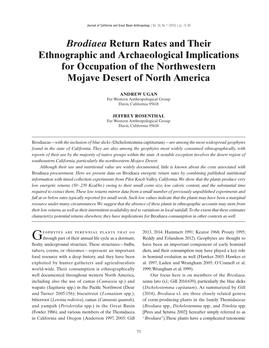 Brodiaea Return Rates and Their Ethnographic and Archaeological Implications for Occupation of the Northwestern Mojave Desert of North America