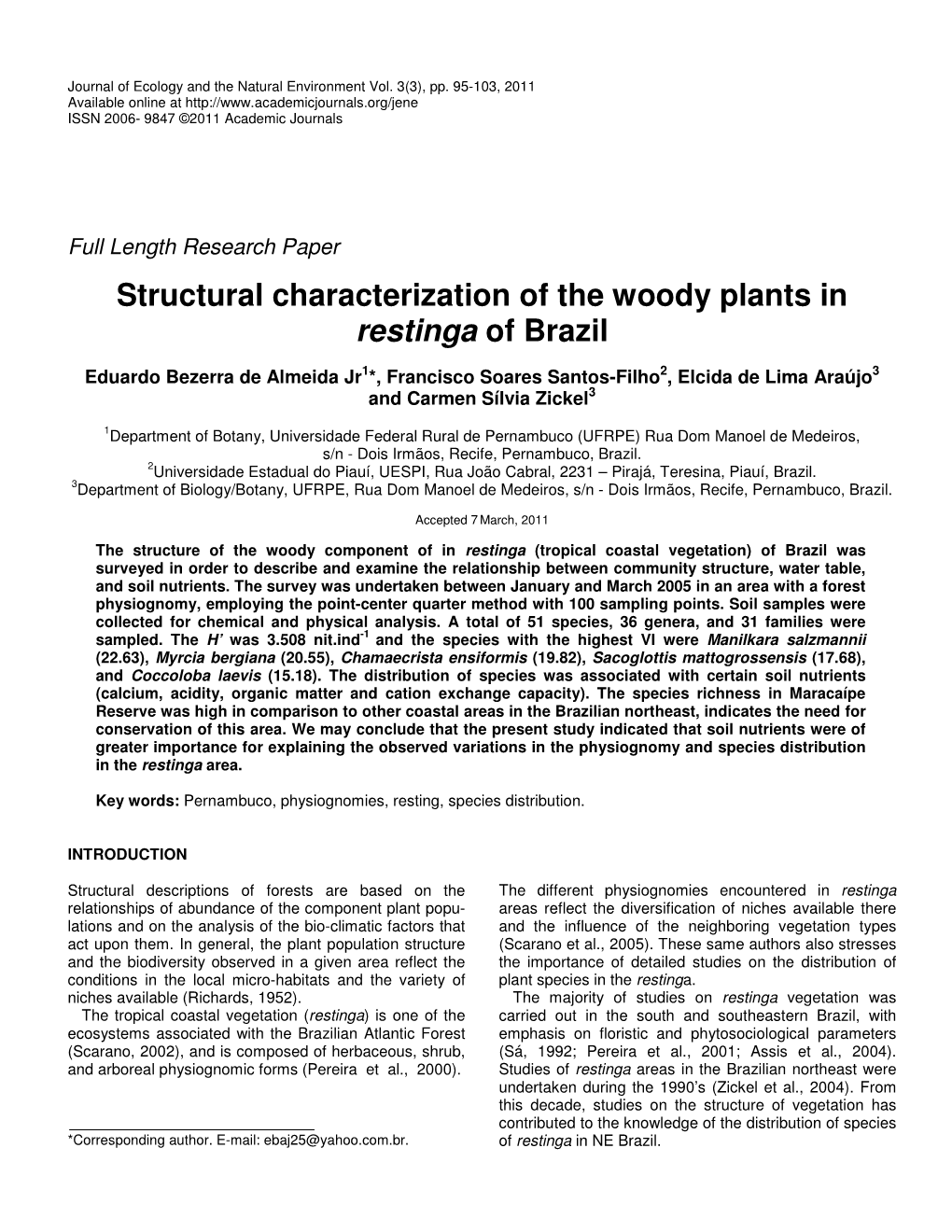 Structural Characterization of the Woody Plants in Restinga of Brazil