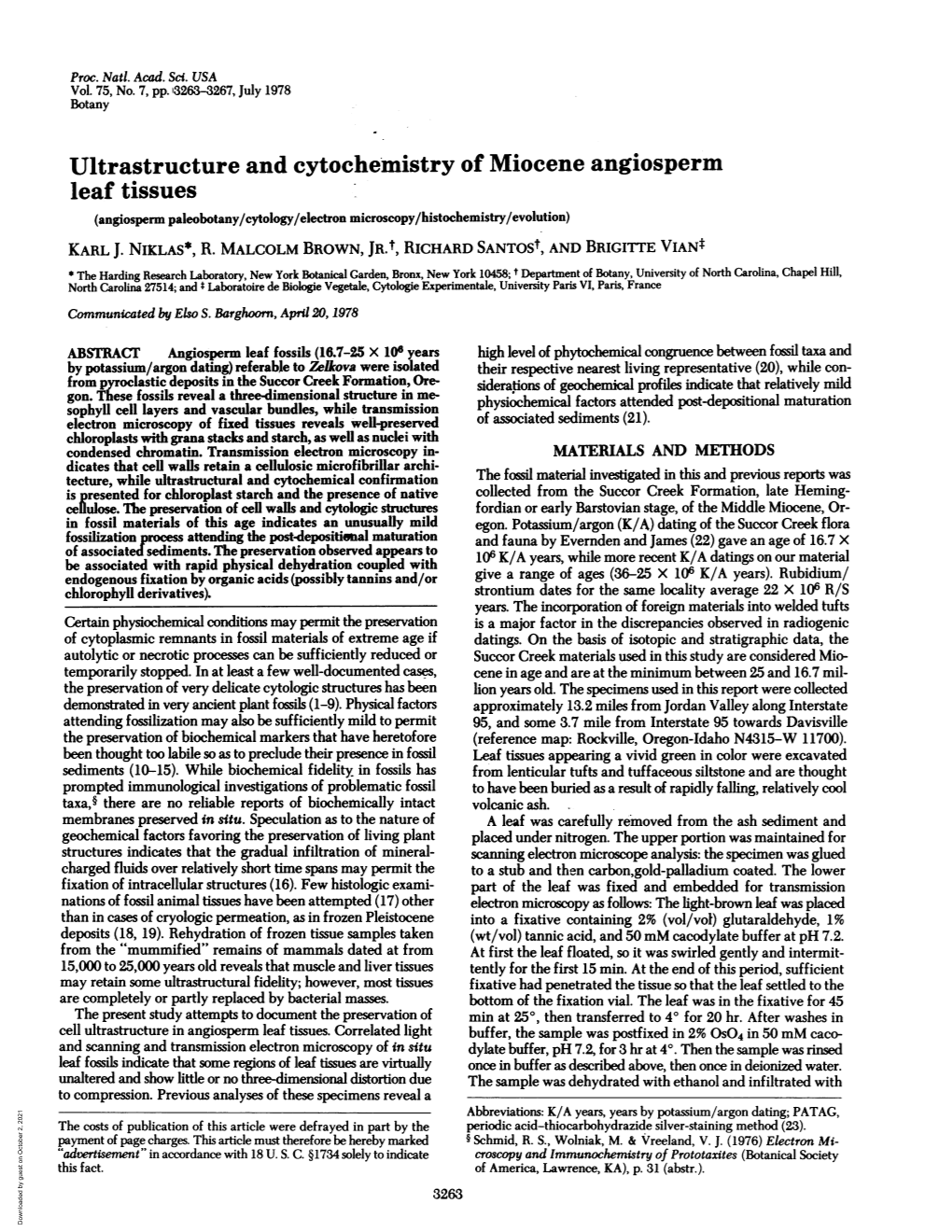 Ultrastructure and Cytochemistry of Miocene Angiosperm Leaf Tissues (Angiosperm Paleobotany/Cytology/Electron Microscopy/Histochemistry/Evolution) KARL J