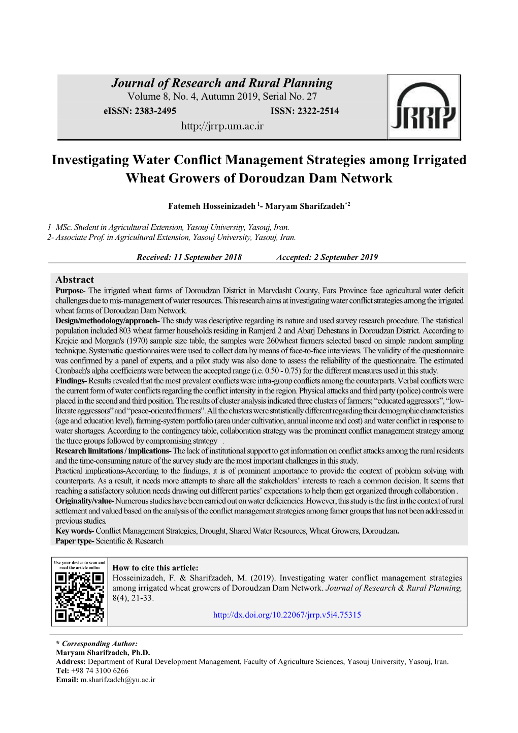 Investigating Water Conflict Management Strategies Among Irrigated Wheat Growers of Doroudzan Dam Network