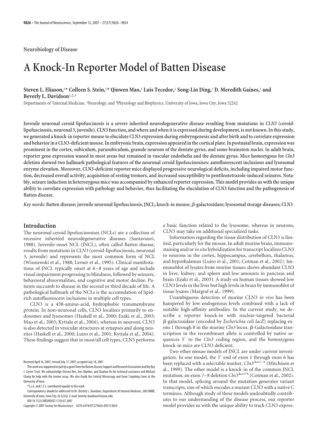 A Knock-In Reporter Model of Batten Disease