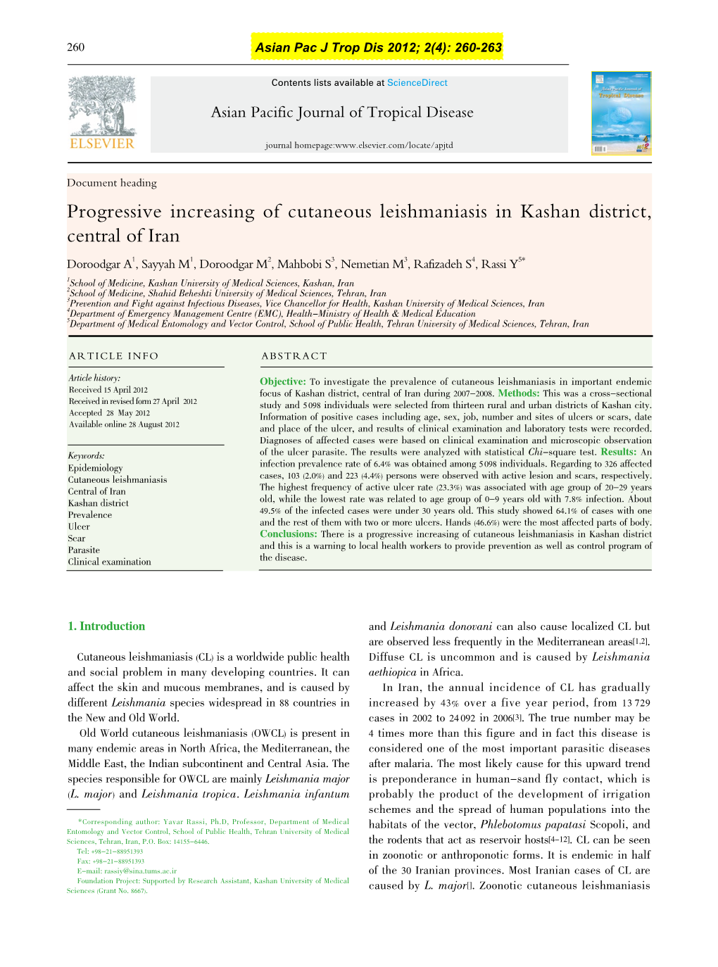 Progressive Increasing of Cutaneous Leishmaniasis in Kashan District