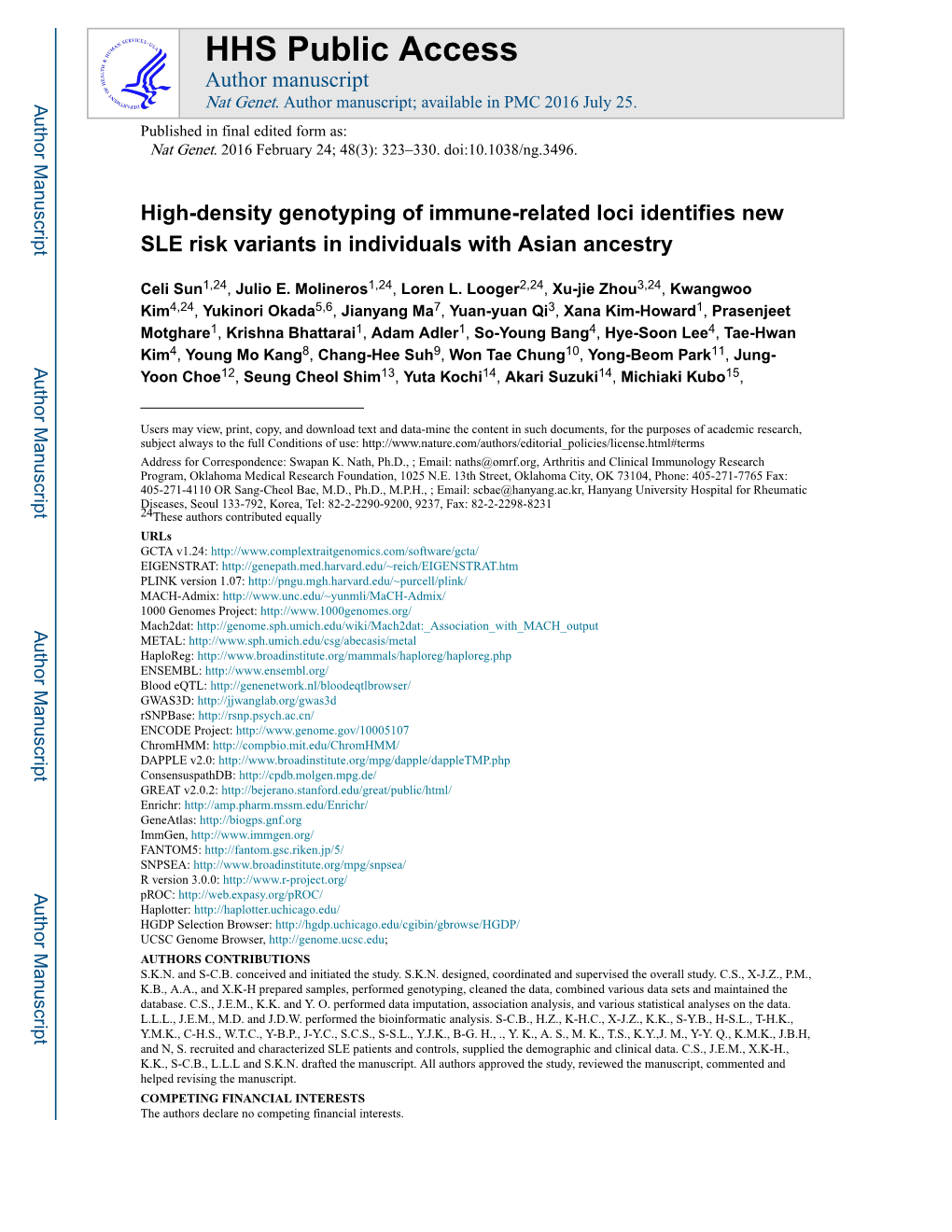 High-Density Genotyping of Immune-Related Loci Identifies New SLE Risk Variants in Individuals with Asian Ancestry