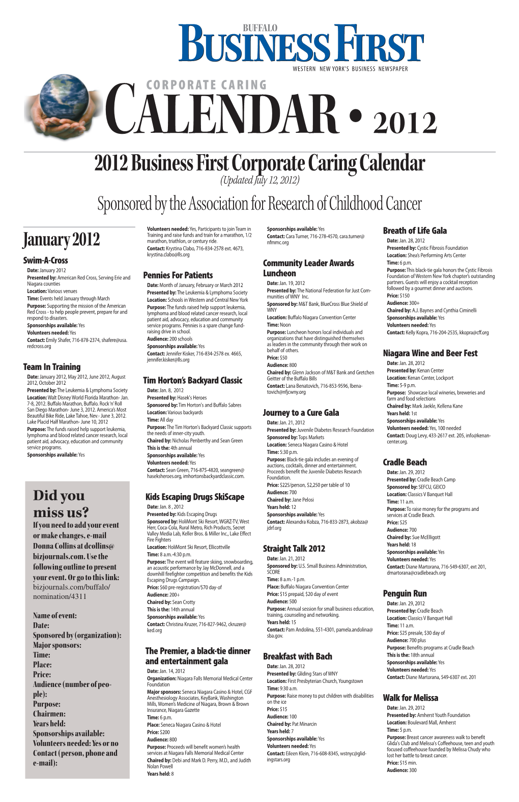 2012 Business First Corporate Caring Calendar (Updated July 12, 2012) Sponsored by the Association for Research of Childhood Cancer