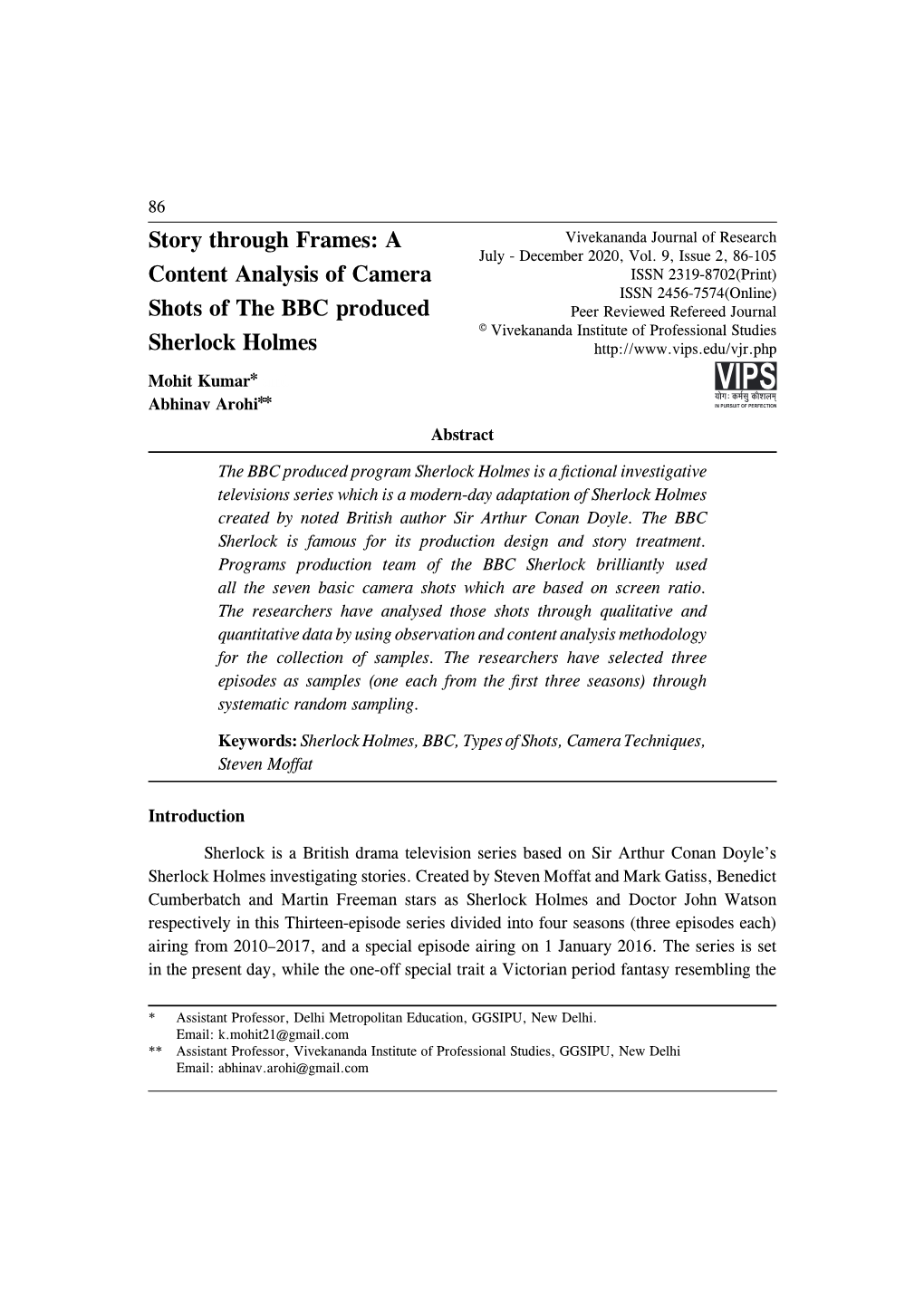 Story Through Frames: a Content Analysis of Camera Shots of the BBC Produced Sherlock Holmes Review of Literature