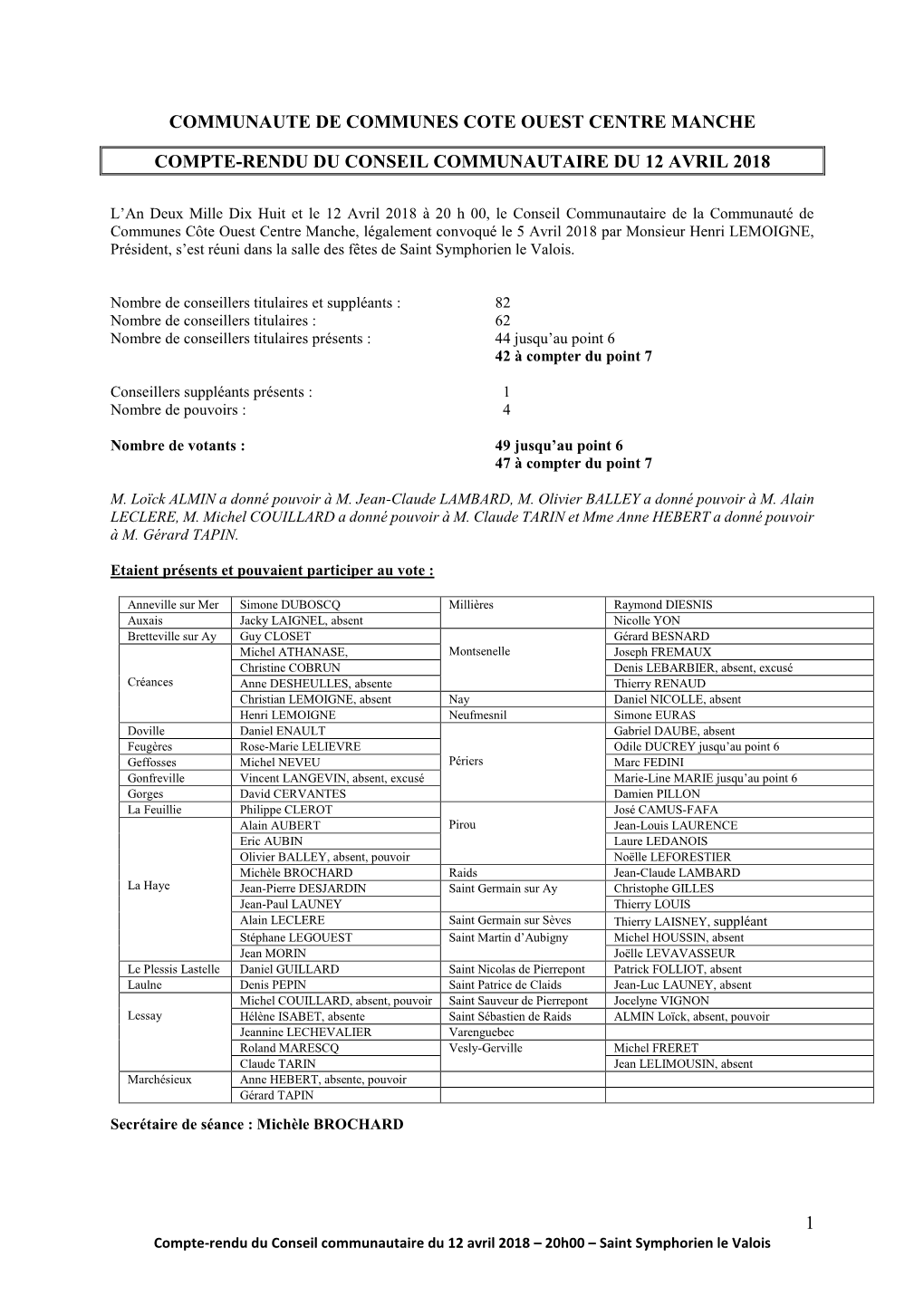 1 Communaute De Communes Cote Ouest Centre Manche Compte-Rendu Du Conseil Communautaire Du 12 Avril 2018