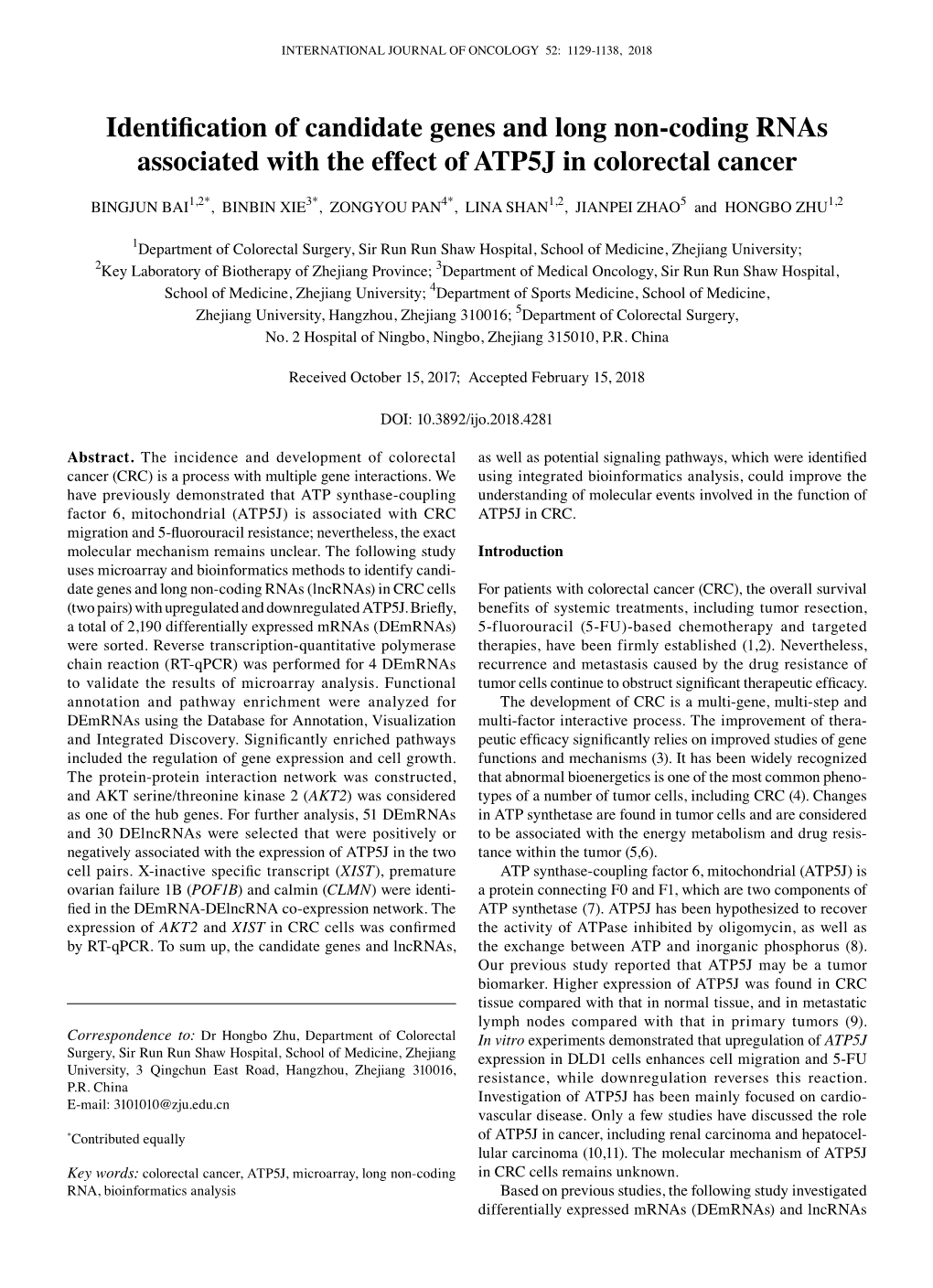 Identification of Candidate Genes and Long Non-Coding Rnas Associated with the Effect of ATP5J in Colorectal Cancer