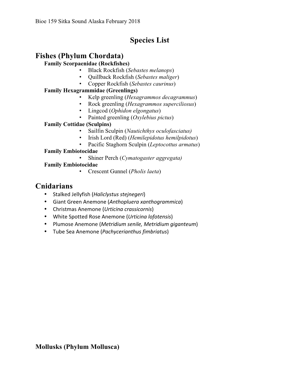 Species List Fishes (Phylum Chordata) Cnidarians