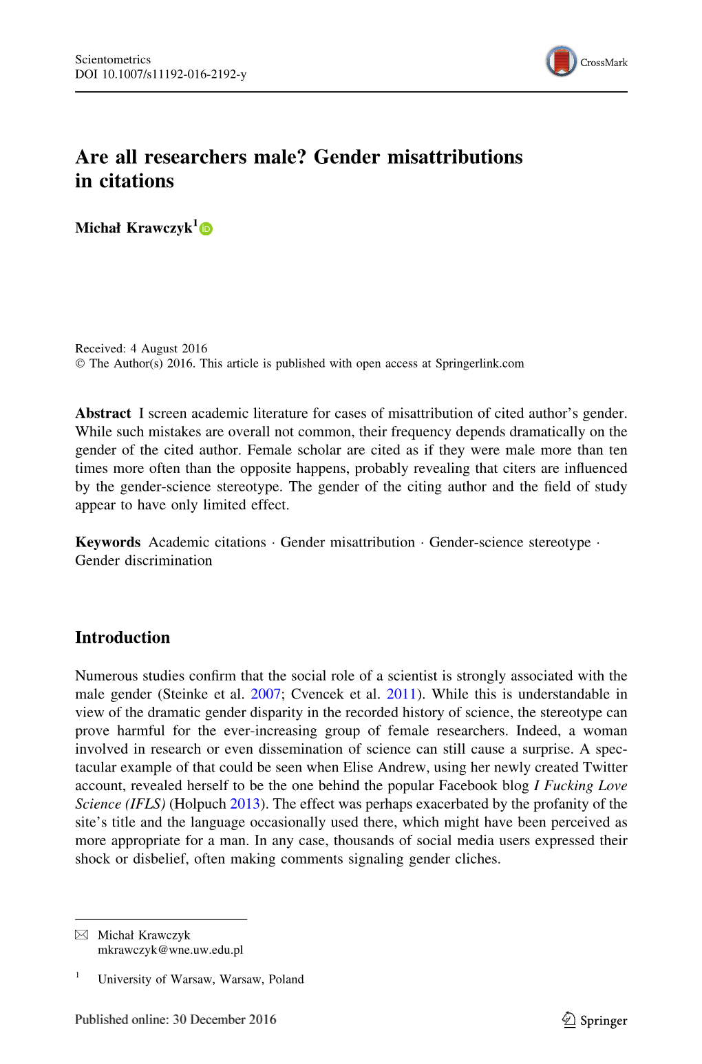 Gender Misattributions in Citations