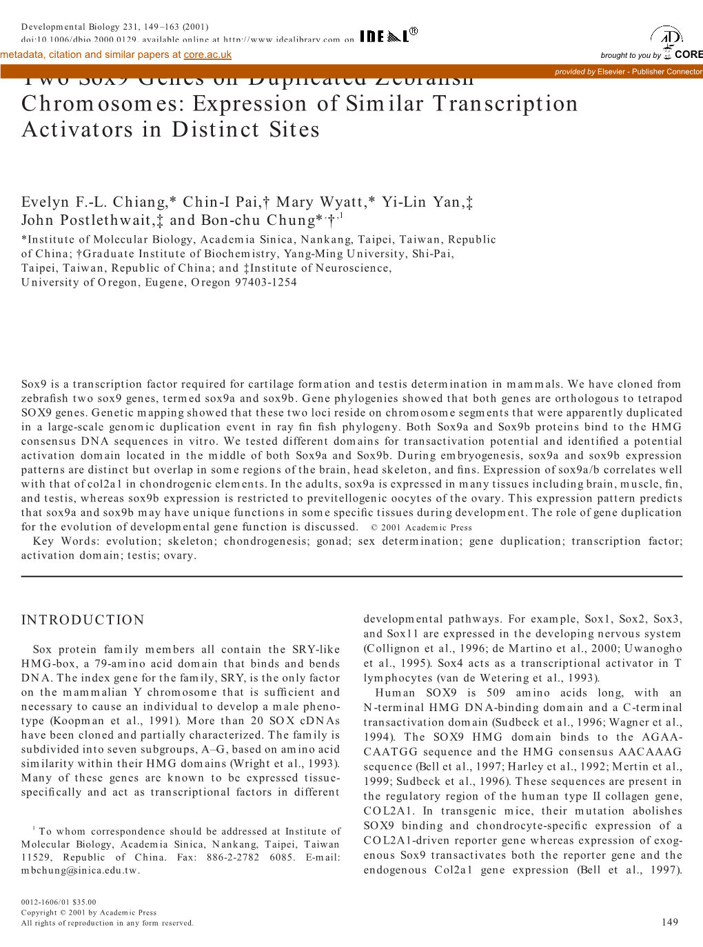 Two Sox9 Genes on Duplicated Zebrafish Chromosomes