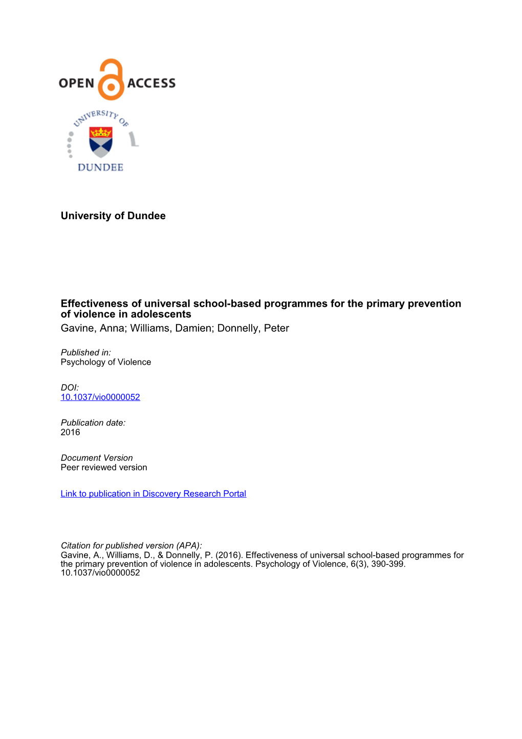 Effectiveness of Universal School-Based Programmes for the Primary Prevention of Violence