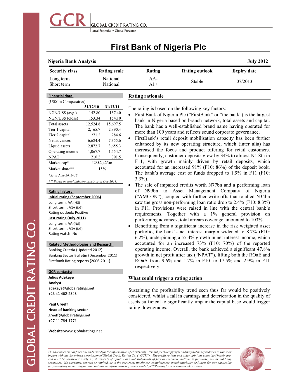 Global Credit Rating (GCR) – First Bank of Nigeria