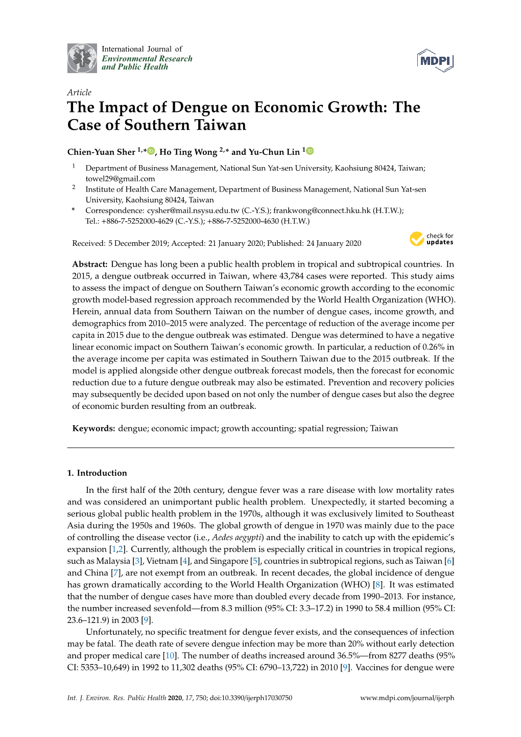 The Impact of Dengue on Economic Growth: the Case of Southern Taiwan