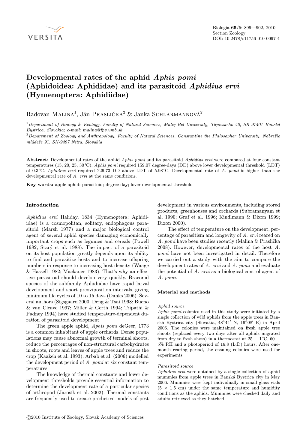 Developmental Rates of the Aphid Aphis Pomi (Aphidoidea: Aphididae) and Its Parasitoid Aphidius Ervi (Hymenoptera: Aphidiidae)