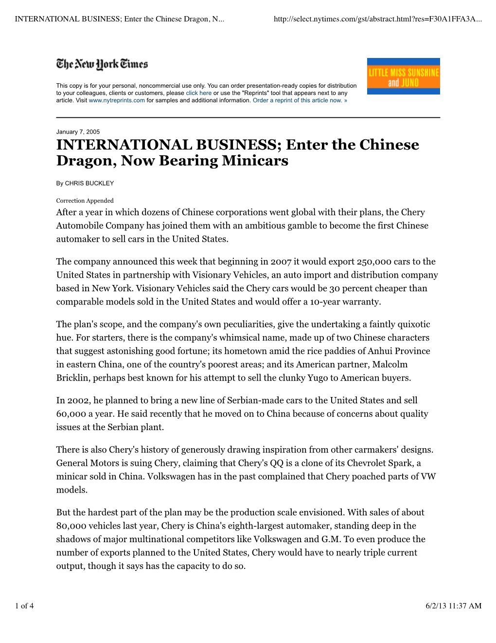 INTERNATIONAL BUSINESS; Enter the Chinese Dragon, N