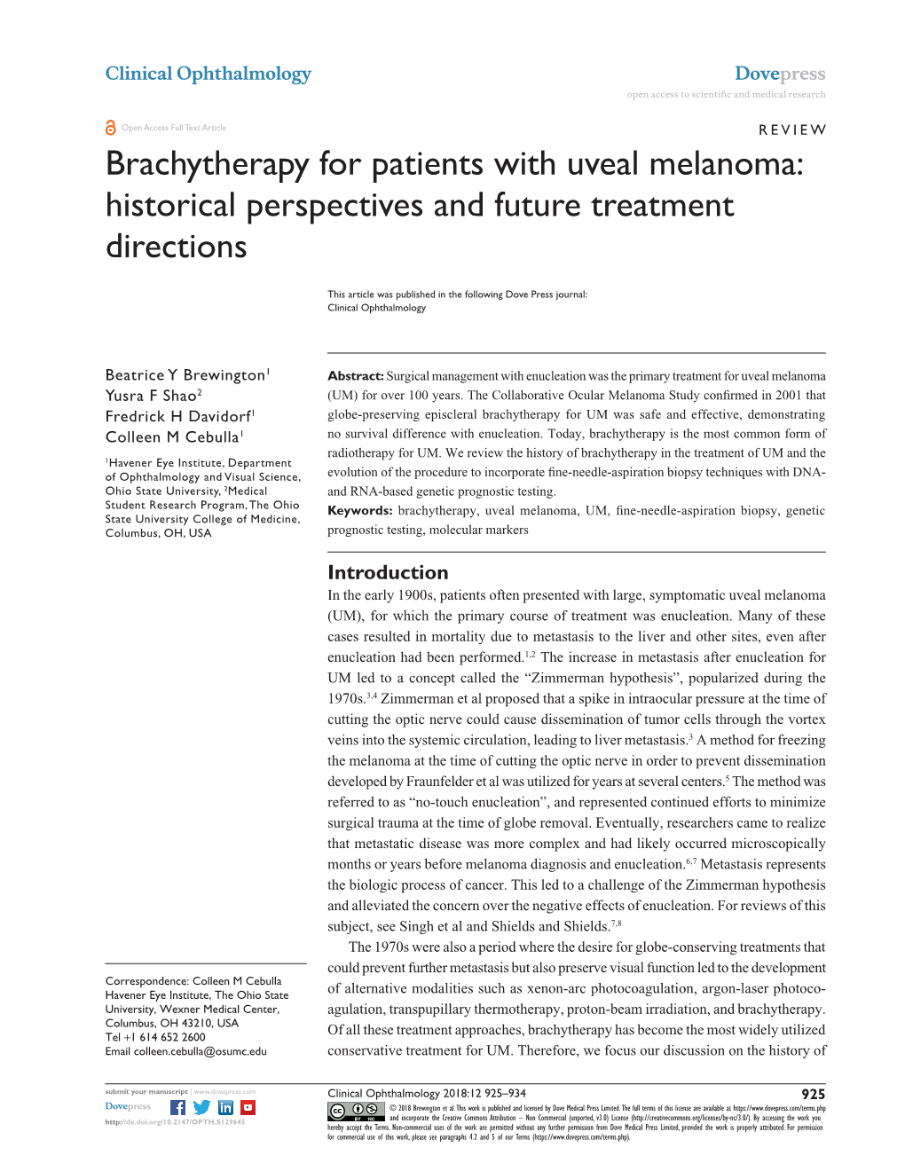 Brachytherapy for Patients with Uveal Melanoma: Historical Perspectives and Future Treatment Directions