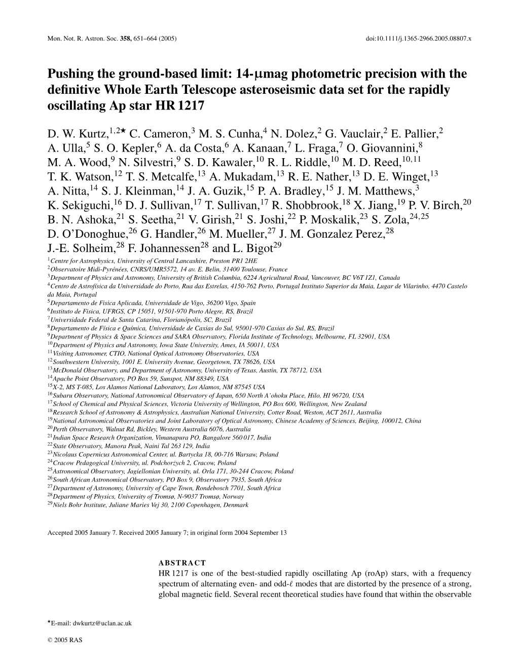 14-Μmag Photometric Precision with the Deﬁnitive Whole Earth Telescope Asteroseismic Data Set for the Rapidly Oscillating Ap Star HR 1217 � D