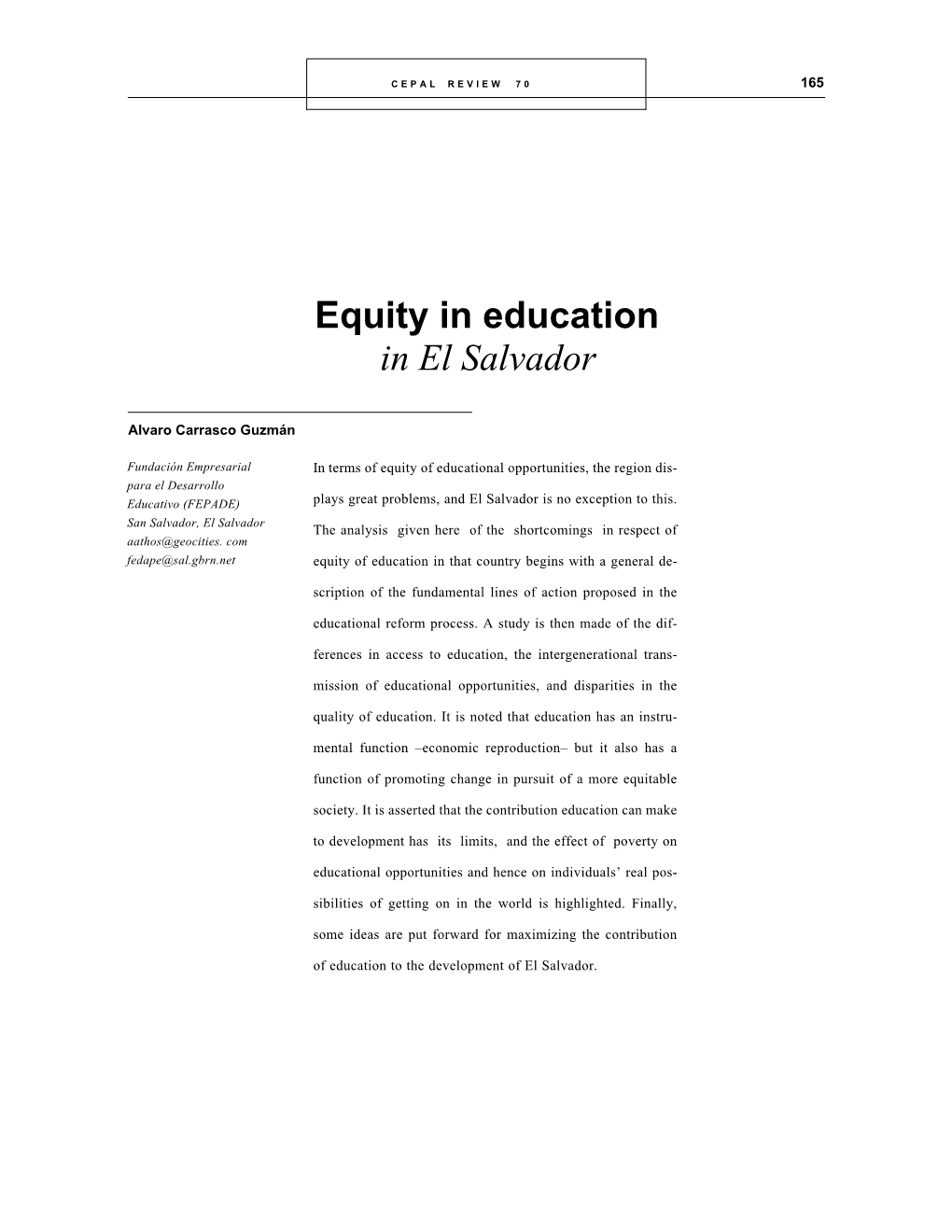 Equity in Education in El Salvador