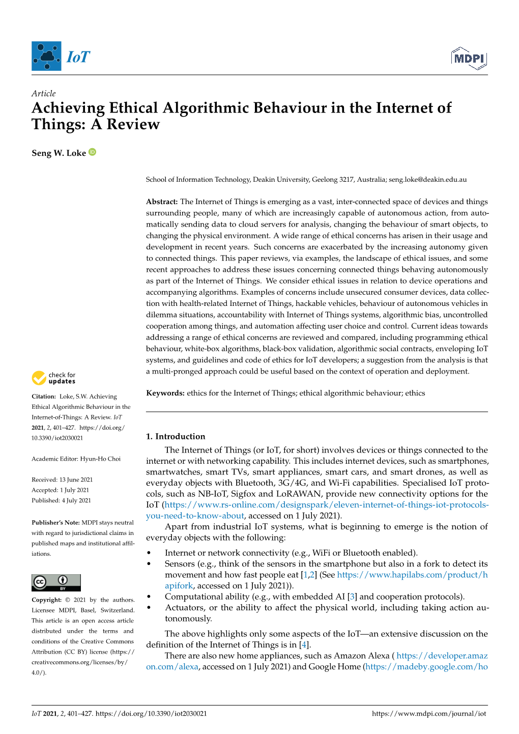 Achieving Ethical Algorithmic Behaviour in the Internet of Things: a Review