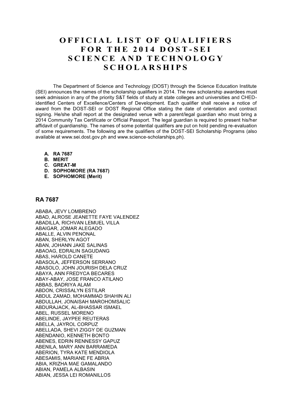 Official List of Qualifiers for the 2014 Dost-Sei Science and Technology