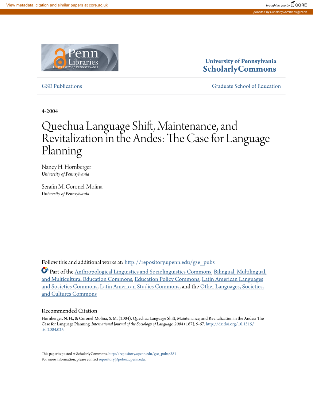 Quechua Language Shift, Maintenance, and Revitalization in the Andes: the Ac Se for Language Planning Nancy H