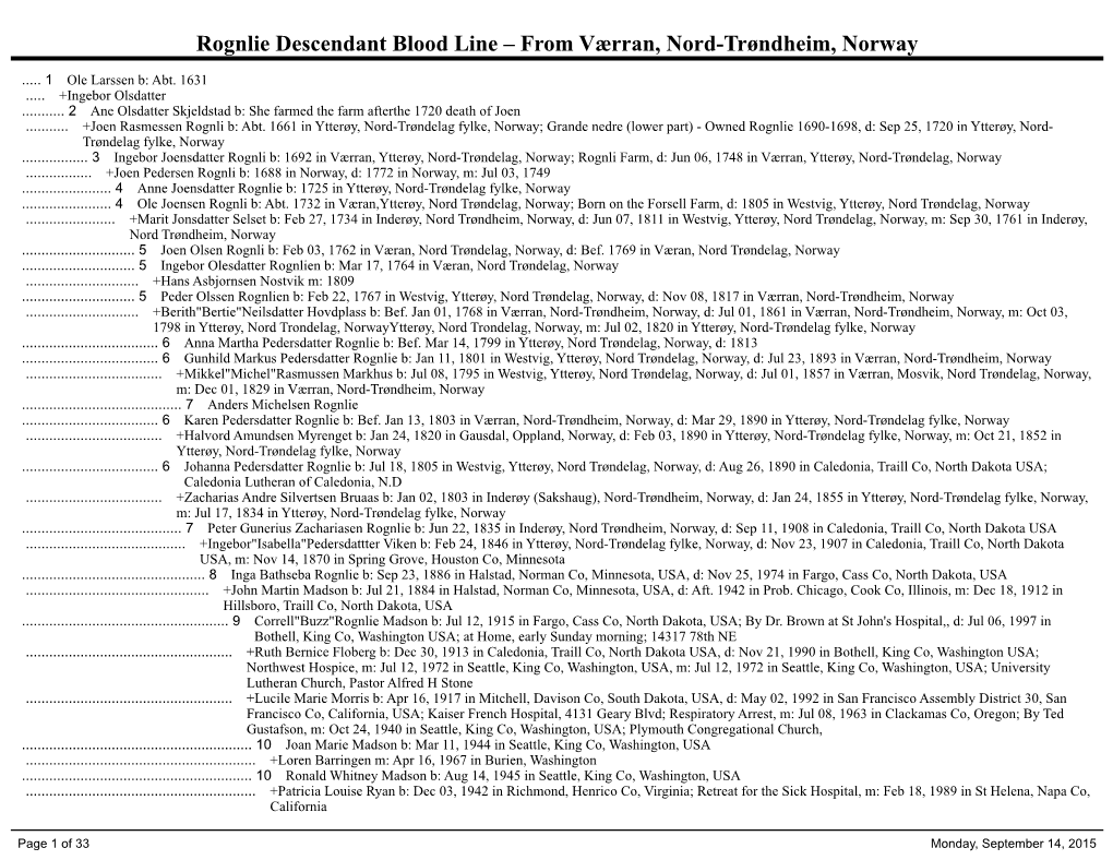 Rognlie Descendant Blood Line – from Værran, Nord-Trøndheim, Norway