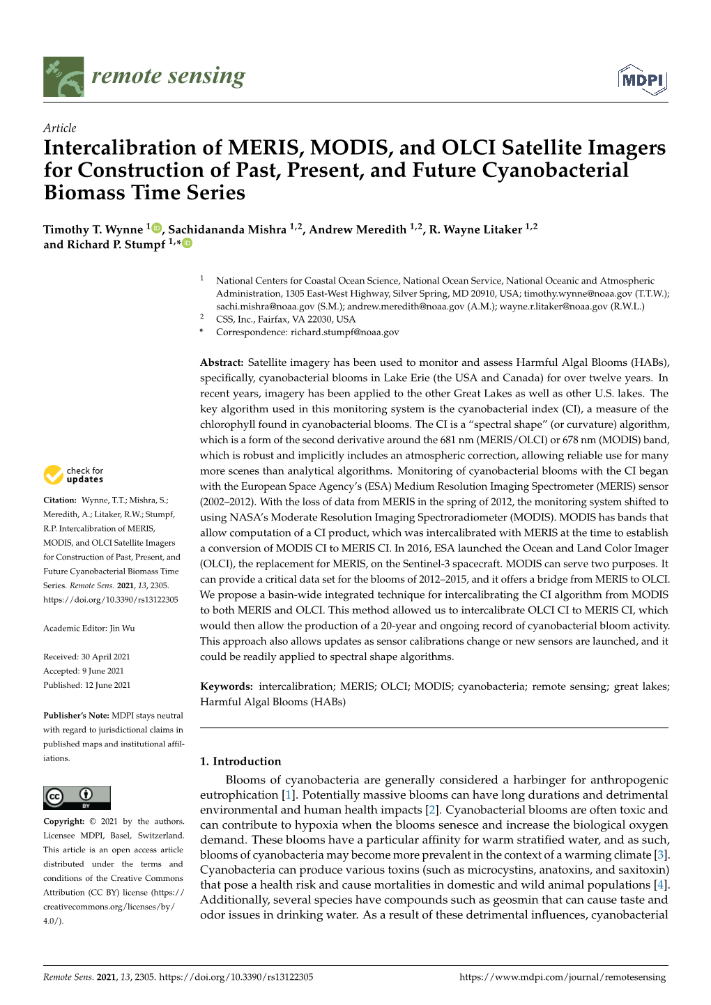 Intercalibration of MERIS, MODIS, and OLCI Satellite Imagers for Construction of Past, Present, and Future Cyanobacterial Biomass Time Series