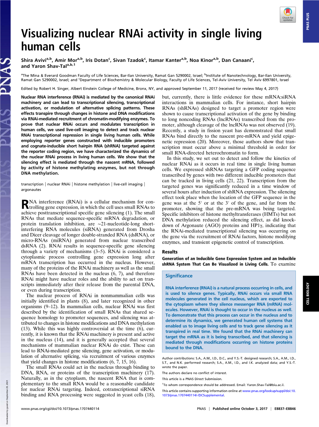 Visualizing Nuclear Rnai Activity in Single Living Human Cells