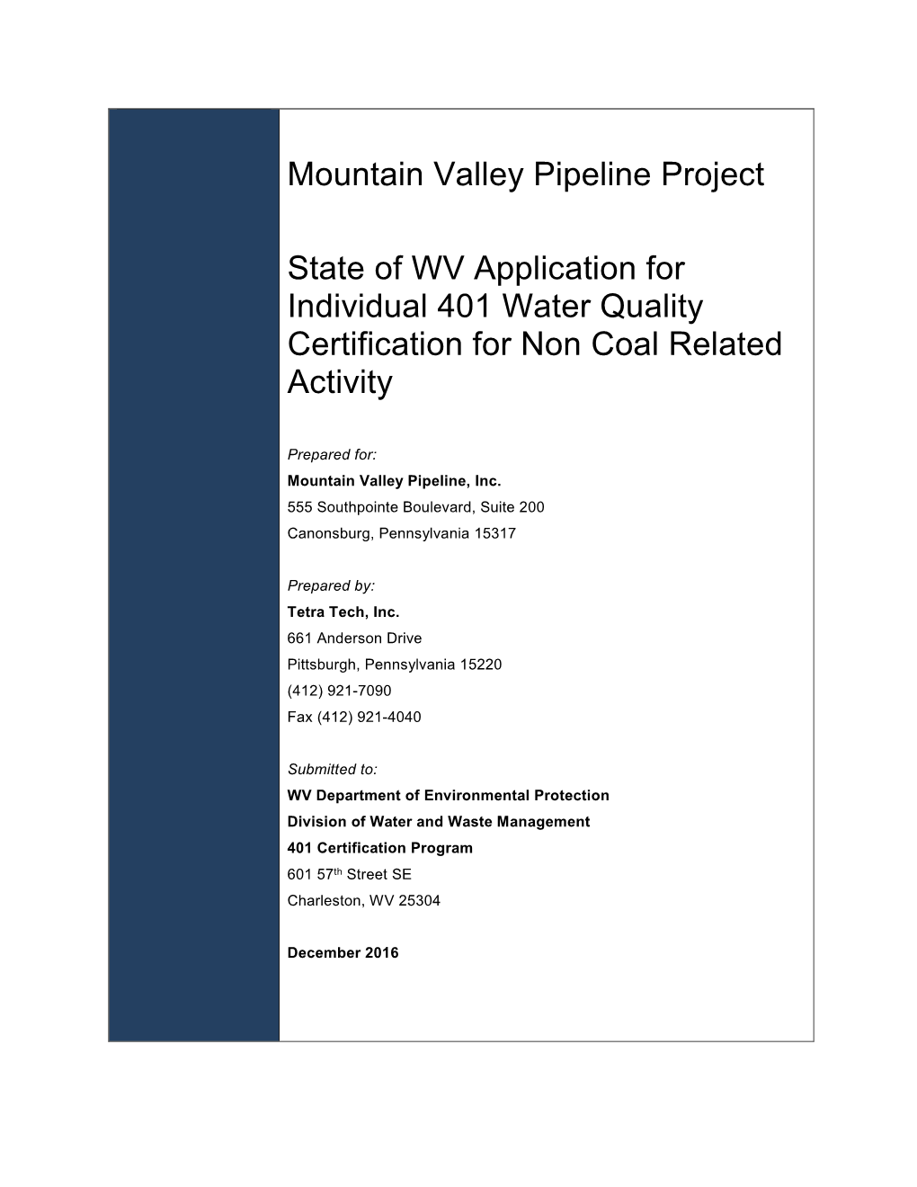 Mountain Valley Pipeline Project State of WV Application for Individual