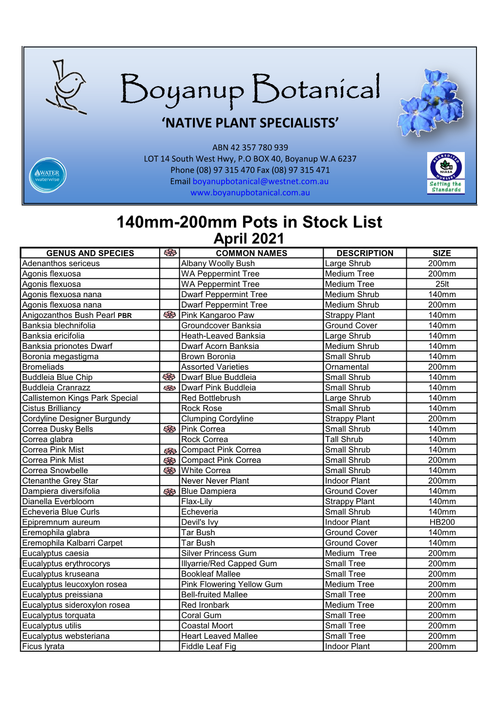 140-200Mm Pots in Stock List. April 2021