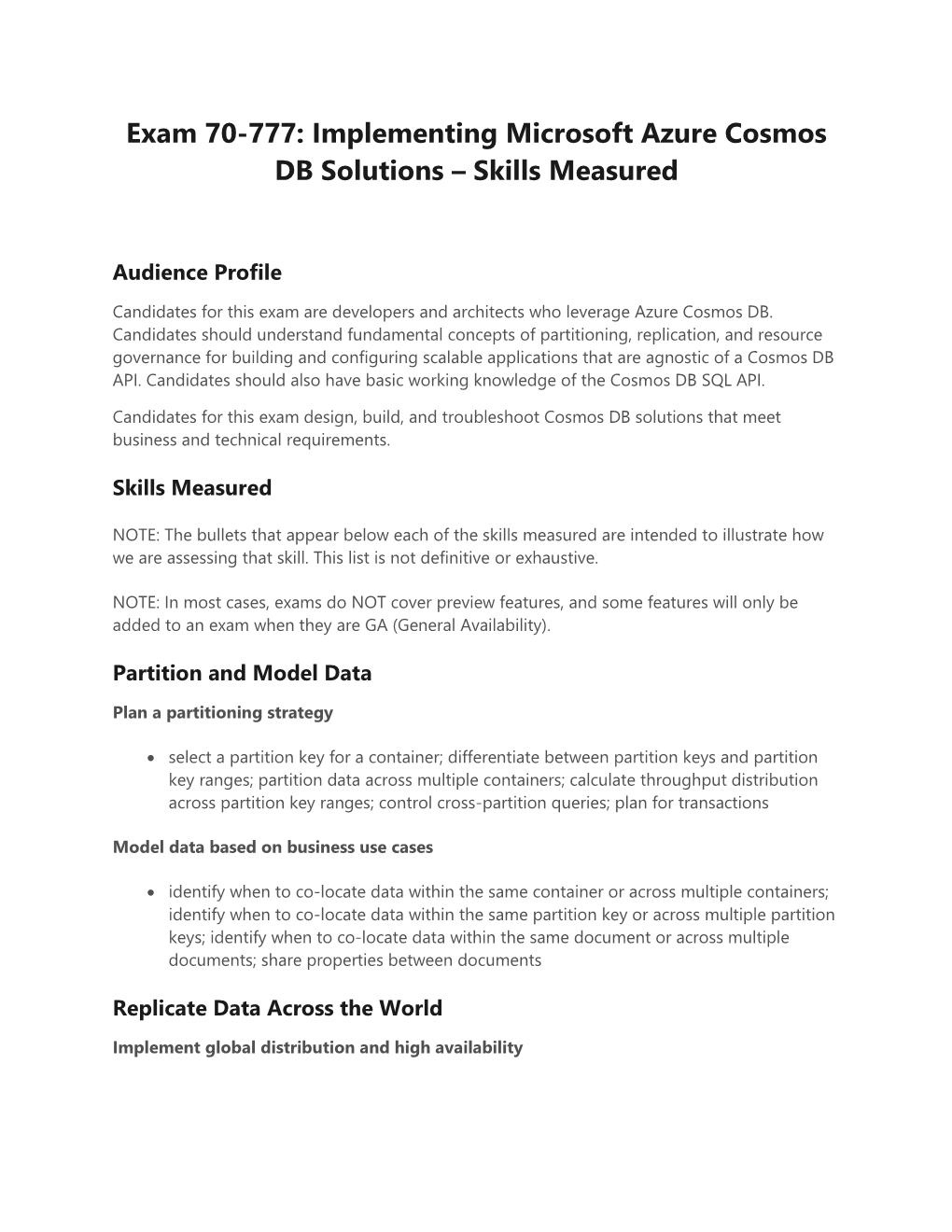 Exam 70-777: Implementing Microsoft Azure Cosmos DB Solutions – Skills Measured