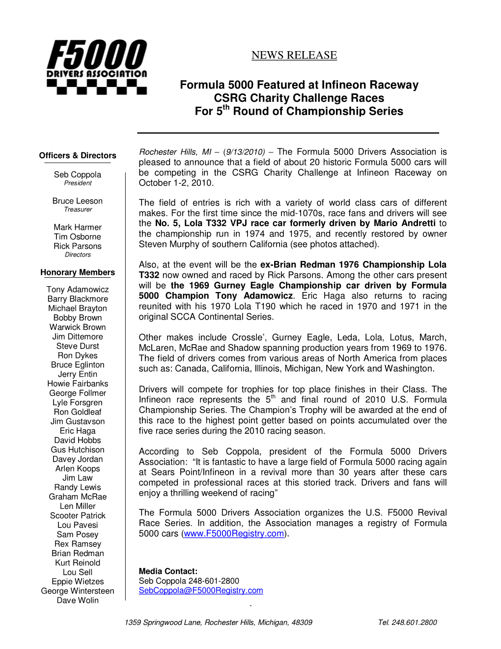 NEWS RELEASE Formula 5000 Featured at Infineon Raceway