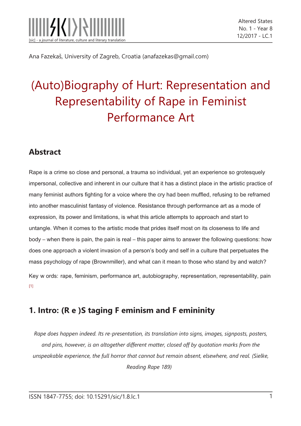 Representation and Representability of Rape in Feminist Performance Art