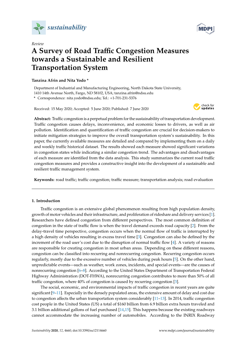 A Survey of Road Traffic Congestion Measures Towards a Sustainable and Resilient Transportation System