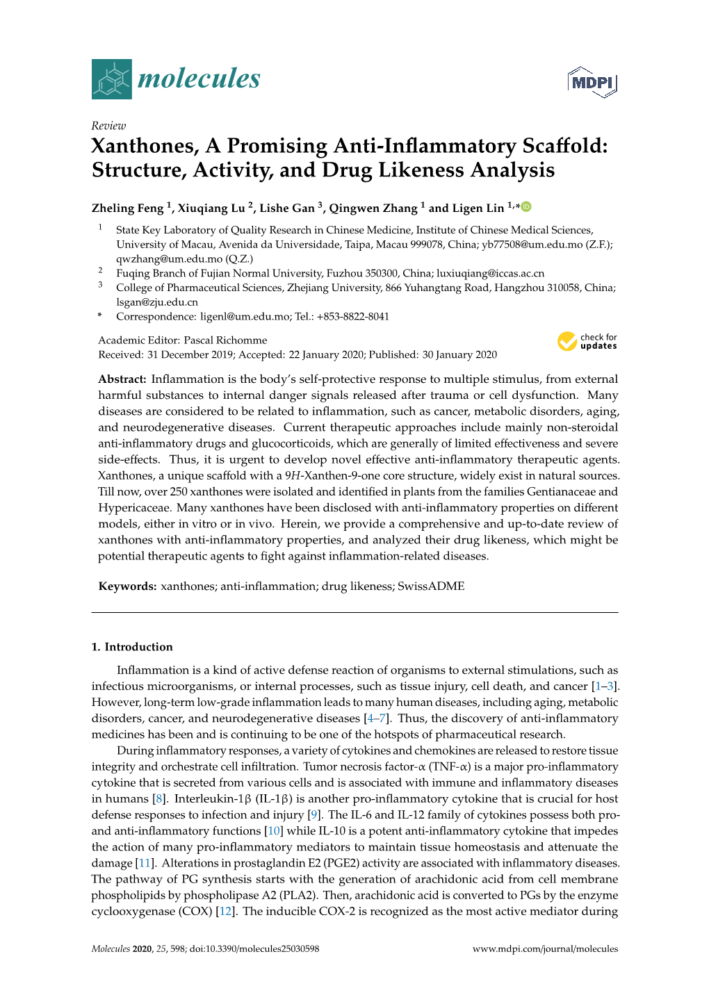 Xanthones, a Promising Anti-Inflammatory Scaffold: Structure, Activity, and Drug Likeness Analysis