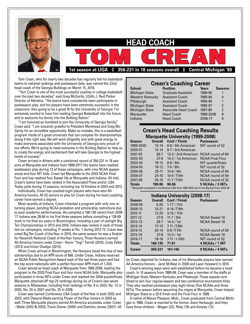 Tom Crean 1St Season at UGA ◊ 356-231 in 18 Seasons Overall ◊ Central Michigan ‘89