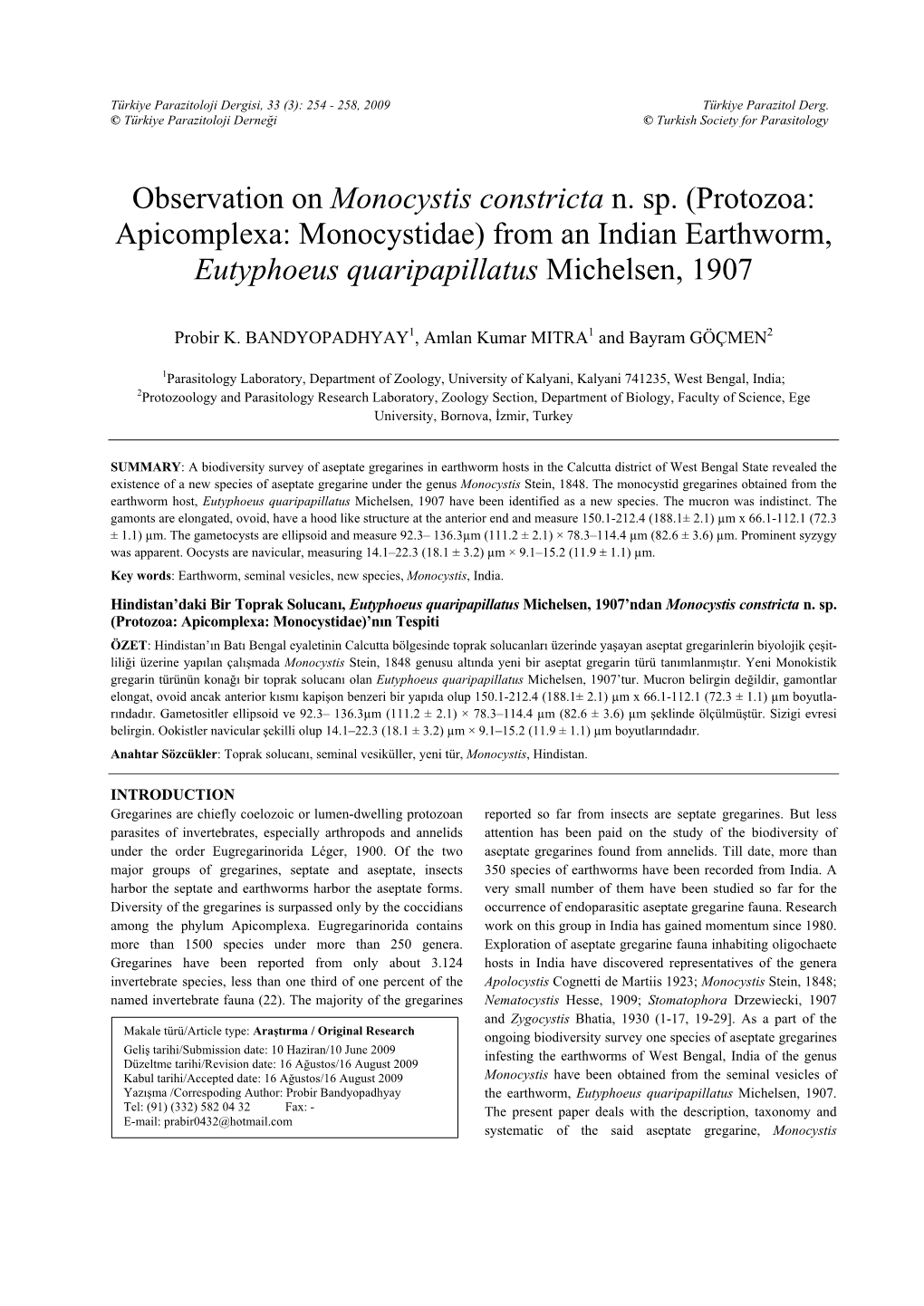 Observation on Monocystis Constricta N. Sp. (Protozoa: Apicomplexa: Monocystidae) from an Indian Earthworm, Eutyphoeus Quaripapillatus Michelsen, 1907