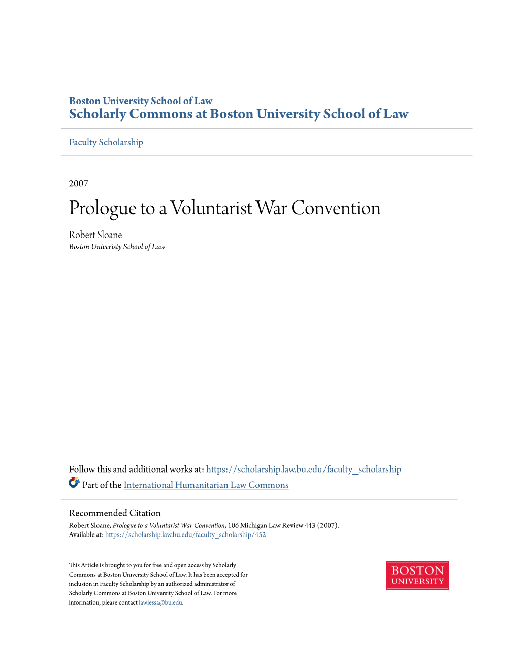 Prologue to a Voluntarist War Convention Robert Sloane Boston Univeristy School of Law