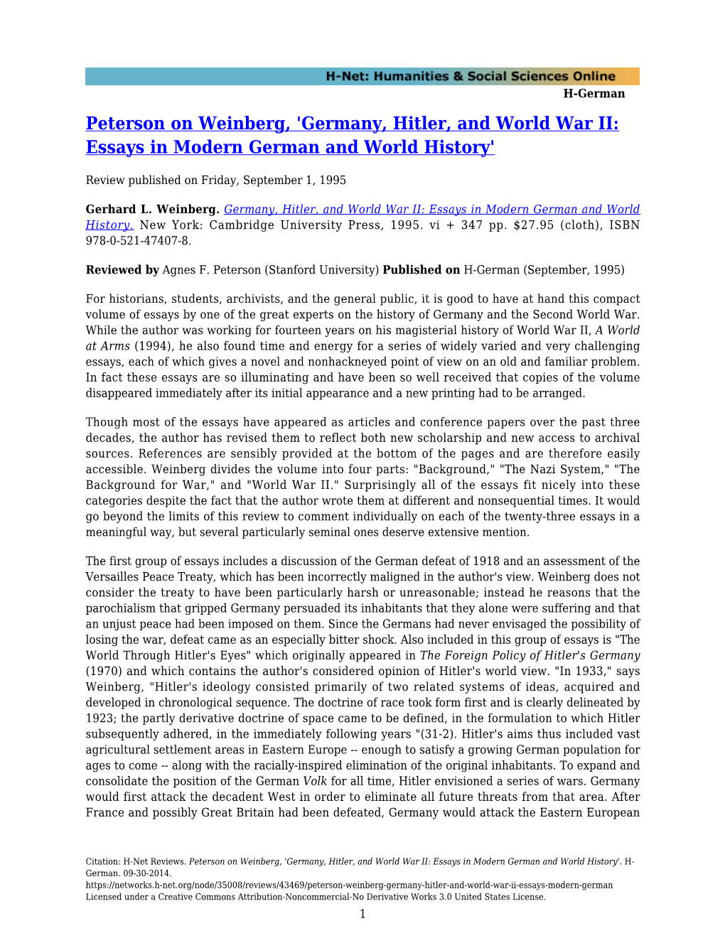 Peterson on Weinberg, 'Germany, Hitler, and World War II: Essays in Modern German and World History'