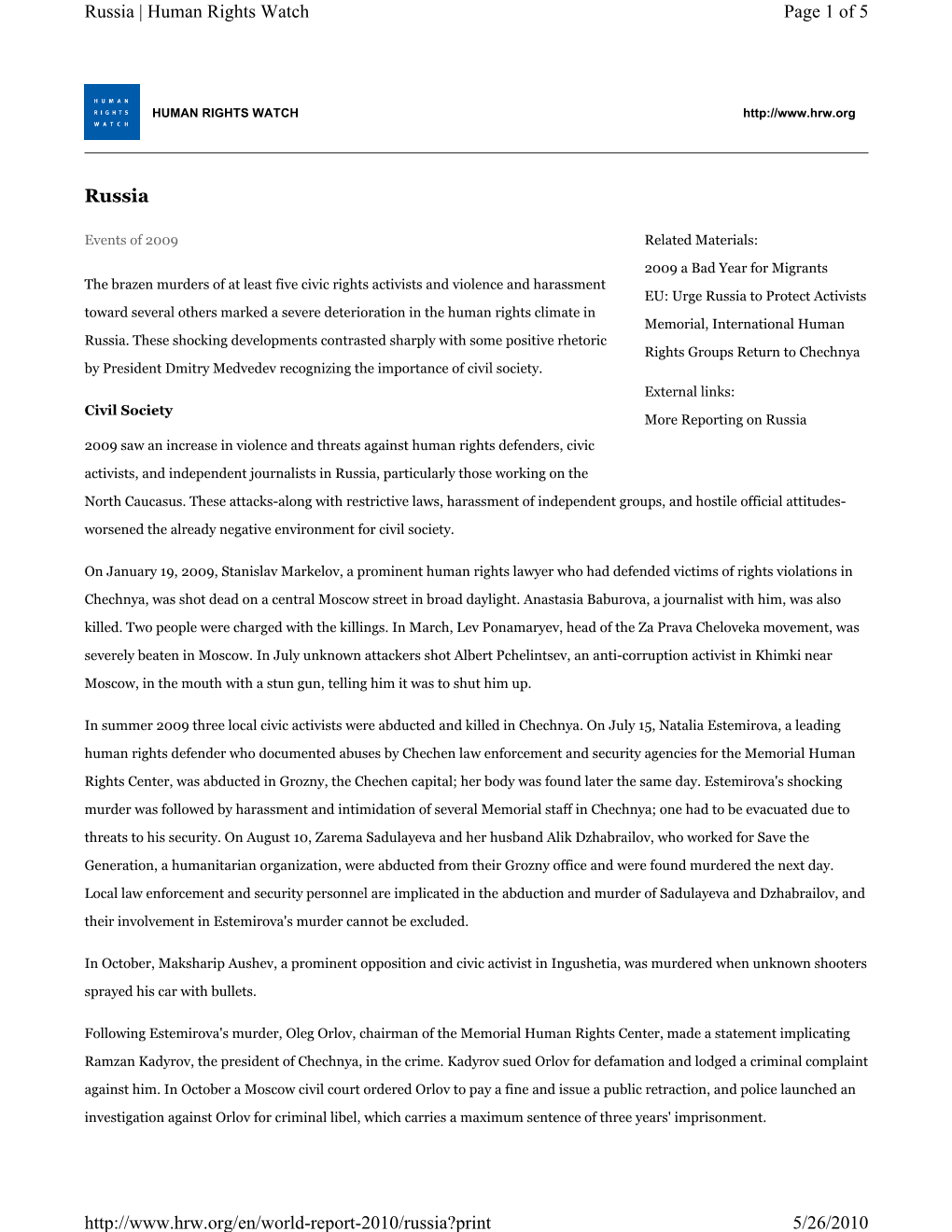 Russia Page 1 of 5 Russia | Human Rights Watch 5/26/2010