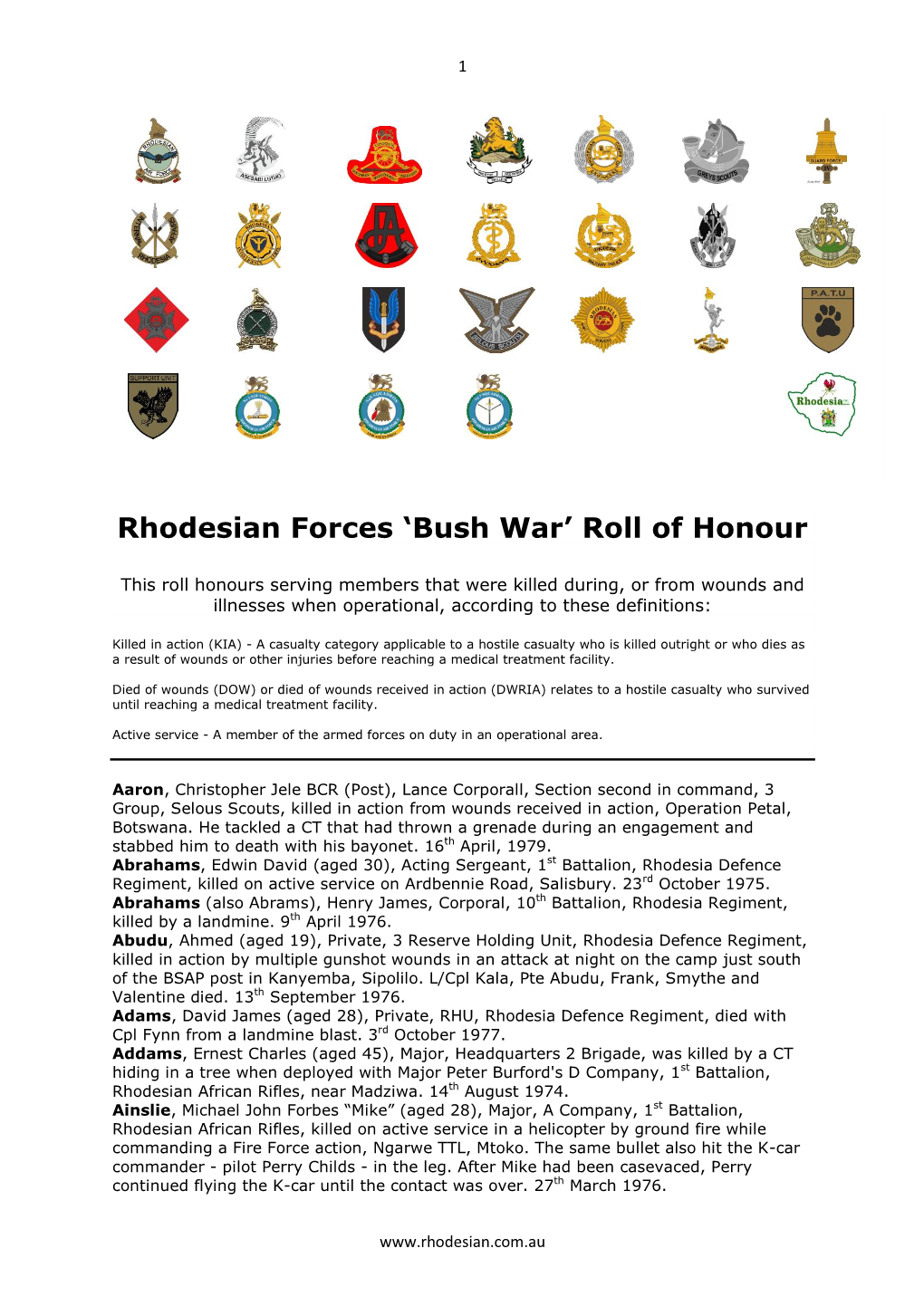 Rhodesia Bush War Roll of Honour