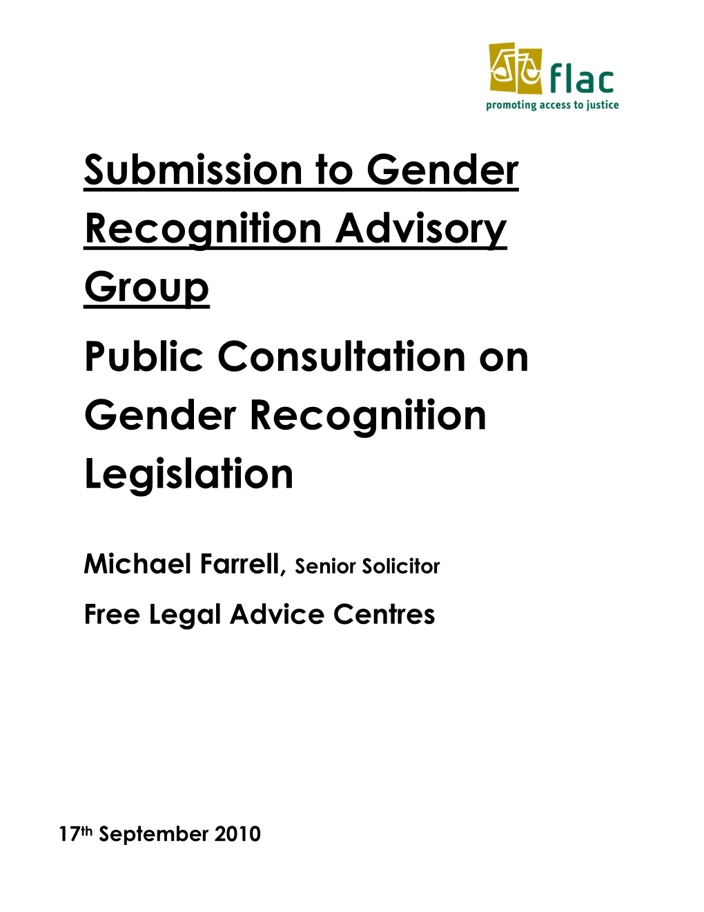 Submission to Gender Recognition Advisory Group Public Consultation on Gender Recognition Legislation