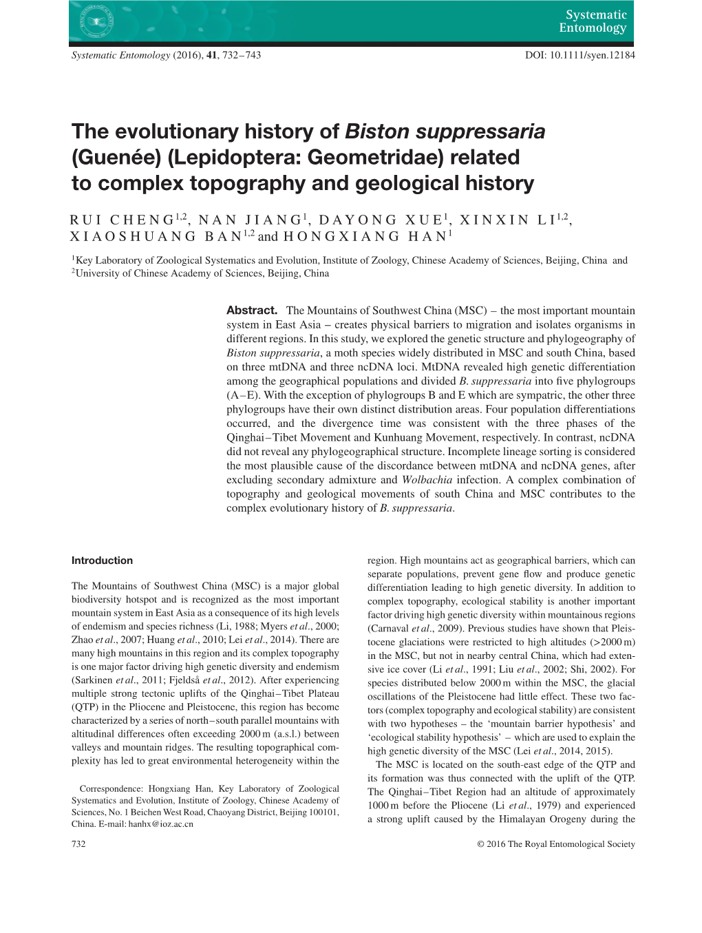 The Evolutionary History of Biston Suppressaria (Guenã©E