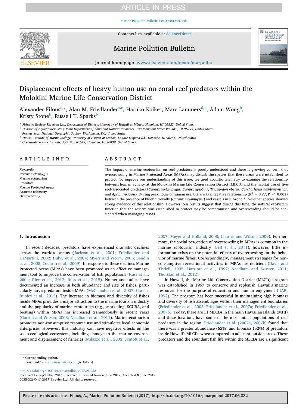 Displacement Effects of Heavy Human Use on Coral Reef Predators Within the Molokini Marine Life Conservation District