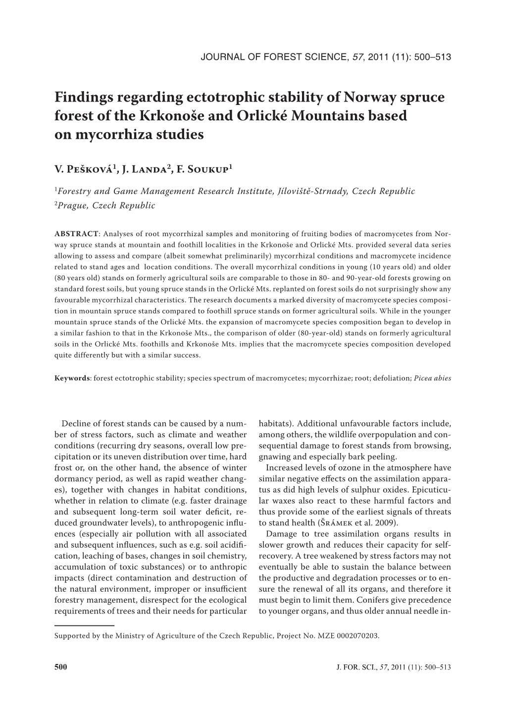 Findings Regarding Ectotrophic Stability of Norway Spruce Forest of the Krkonoše and Orlické Mountains Based on Mycorrhiza Studies
