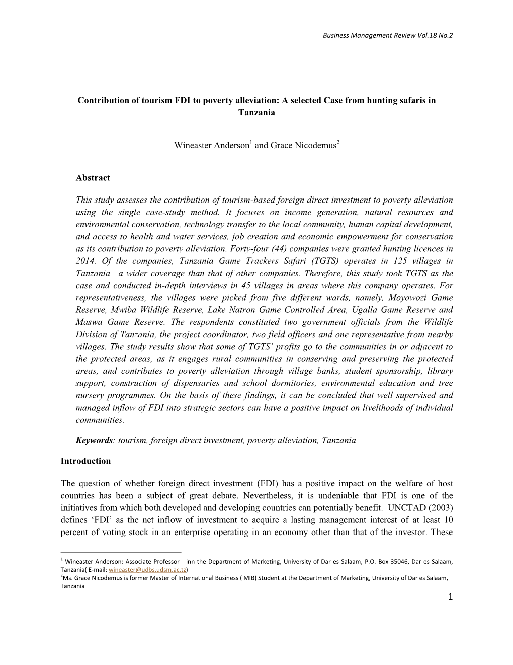 Contribution of Tourism FDI to Poverty Alleviation: a Selected Case from Hunting Safaris in Tanzania