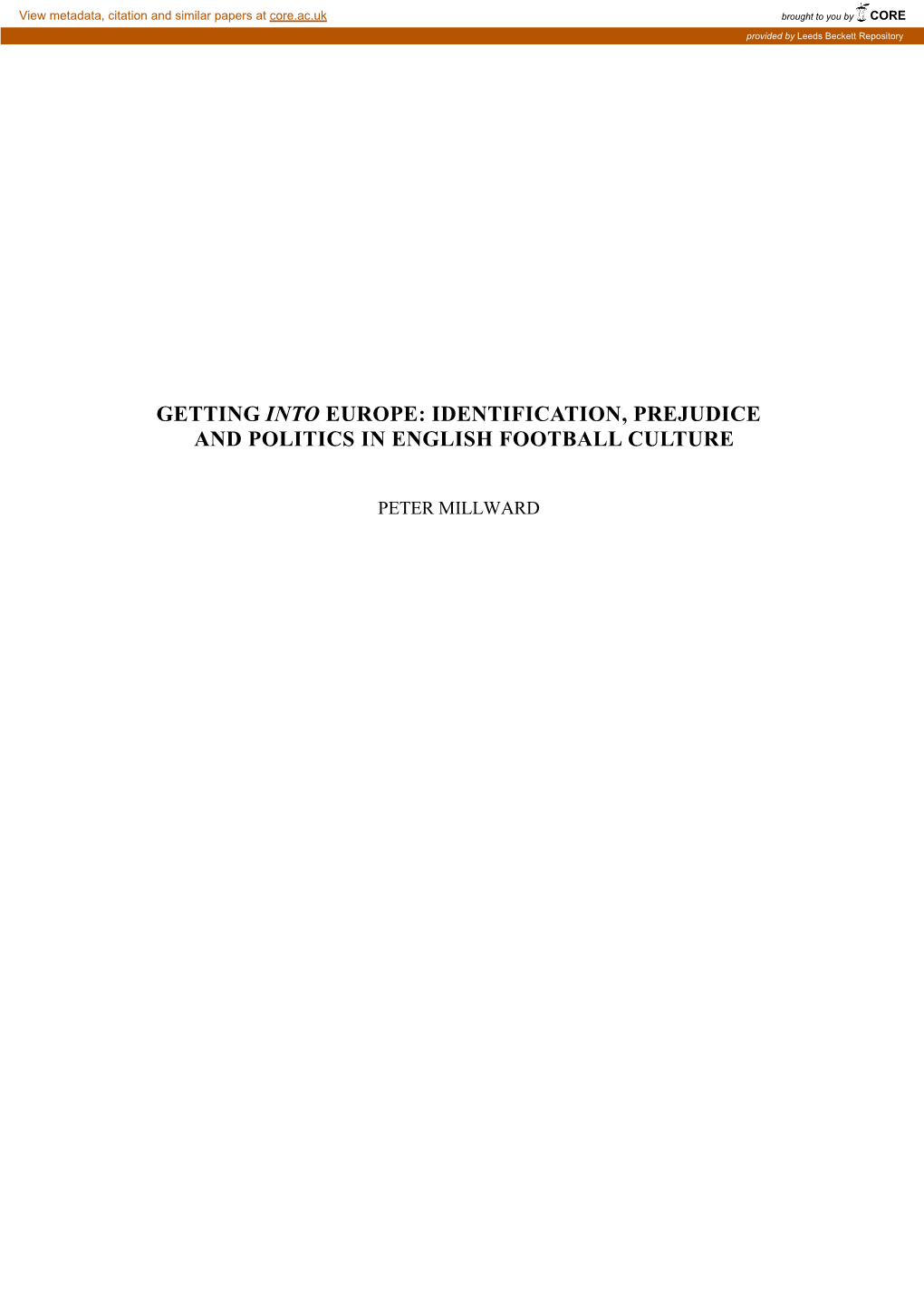 Getting Into Europe: Identification, Prejudice and Politics in English Football Culture