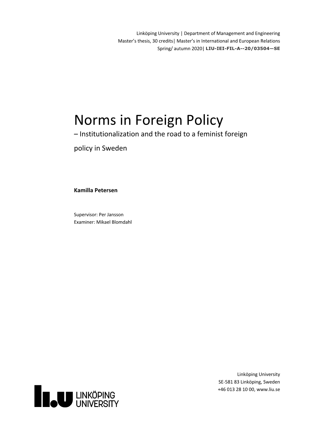 Norms in Foreign Policy – Institutionalization and the Road to a Feminist Foreign Policy in Sweden