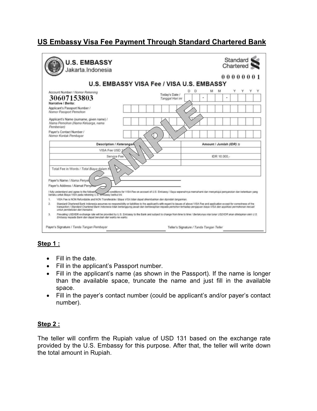 US Embassy Visa Fee Payment Through Standard Chartered Bank