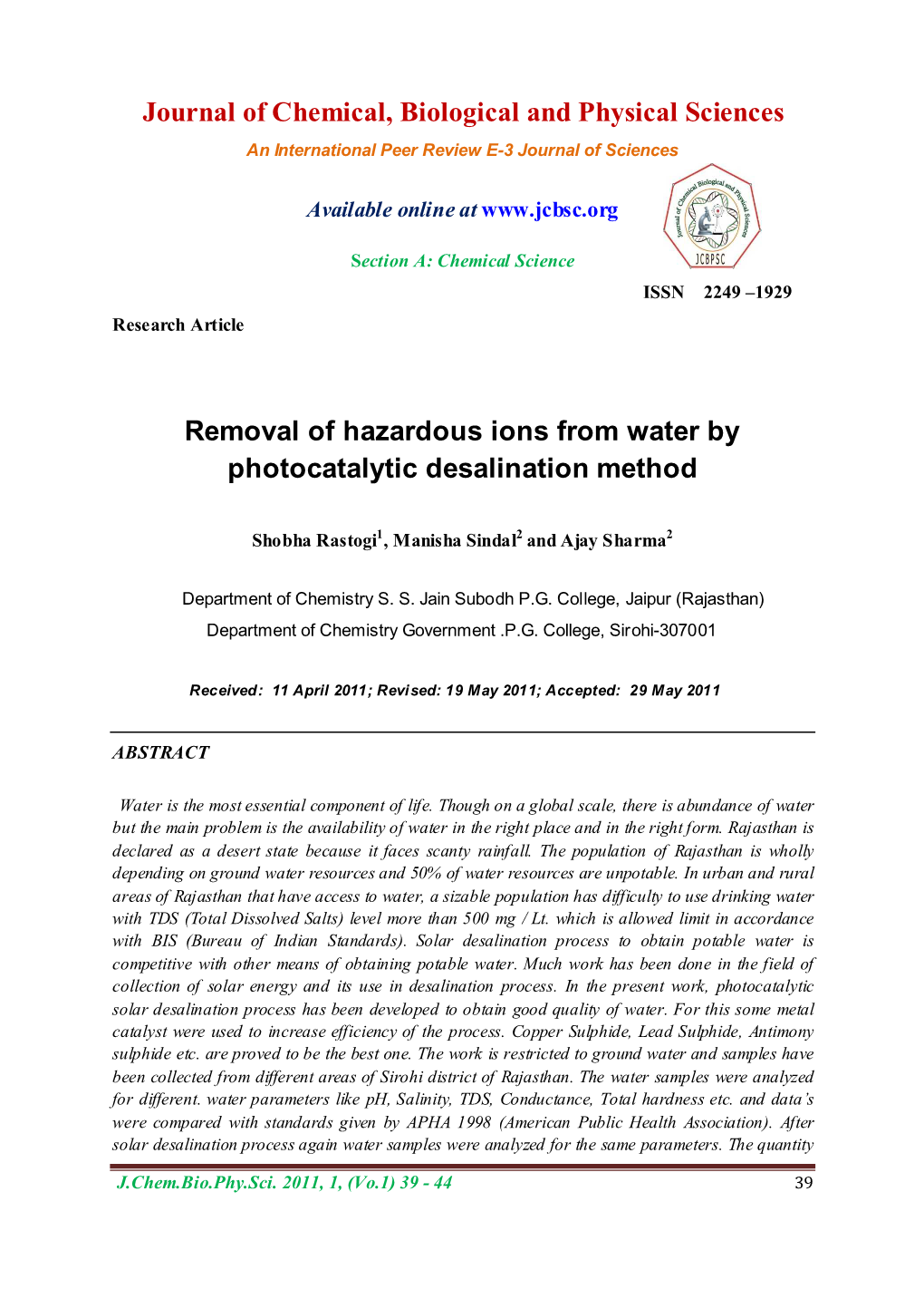 Removal of Hazardous Ions from Water by Photocatalytic Desalination Method